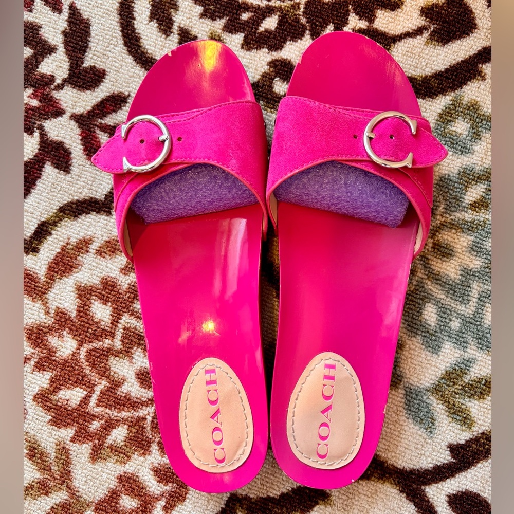 Coach Barbie Pink Suede Adjustable Strap Wooden Clogs Slide Sandals size 9